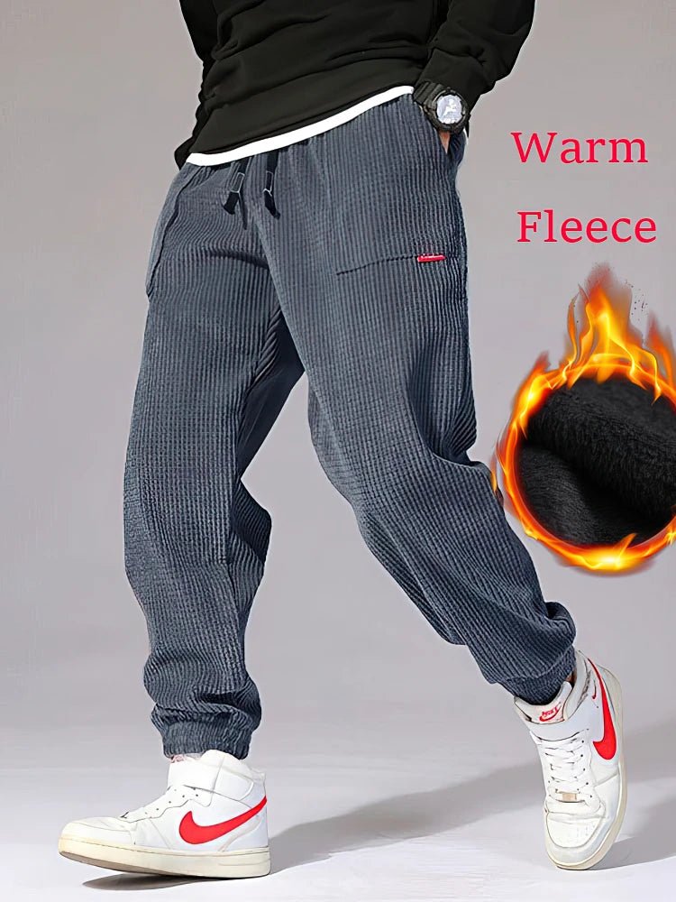 Autumn Winter Warm Motorcycle Jogger Corduroy Pants Men Tech Fleece Sweatpants Casual Harem Pants Male Sport Thermal Trousers
