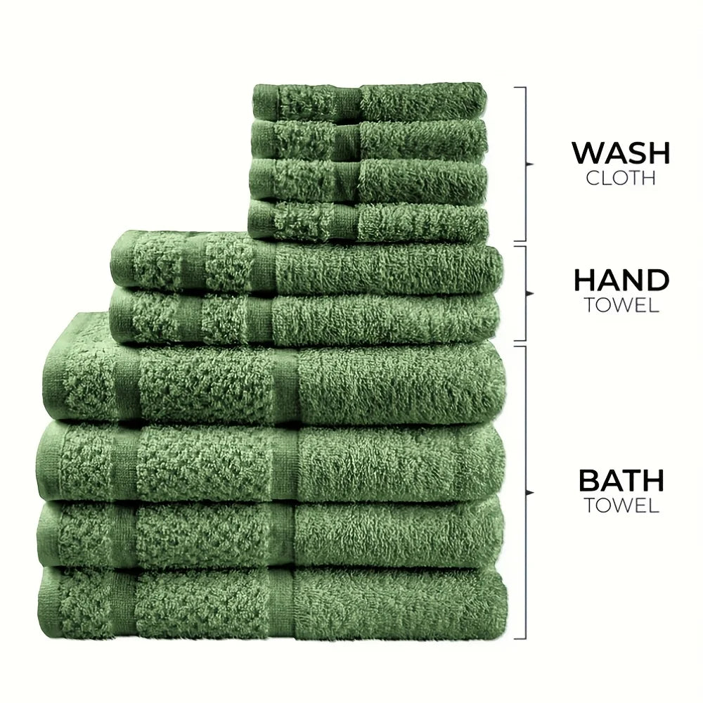 10pcs Bath Towel Set 4pcs Bath Towels&2pcs Hand Towels&4pcs Washcloths Solid Color Cotton Towels Absorbent Quick-drying