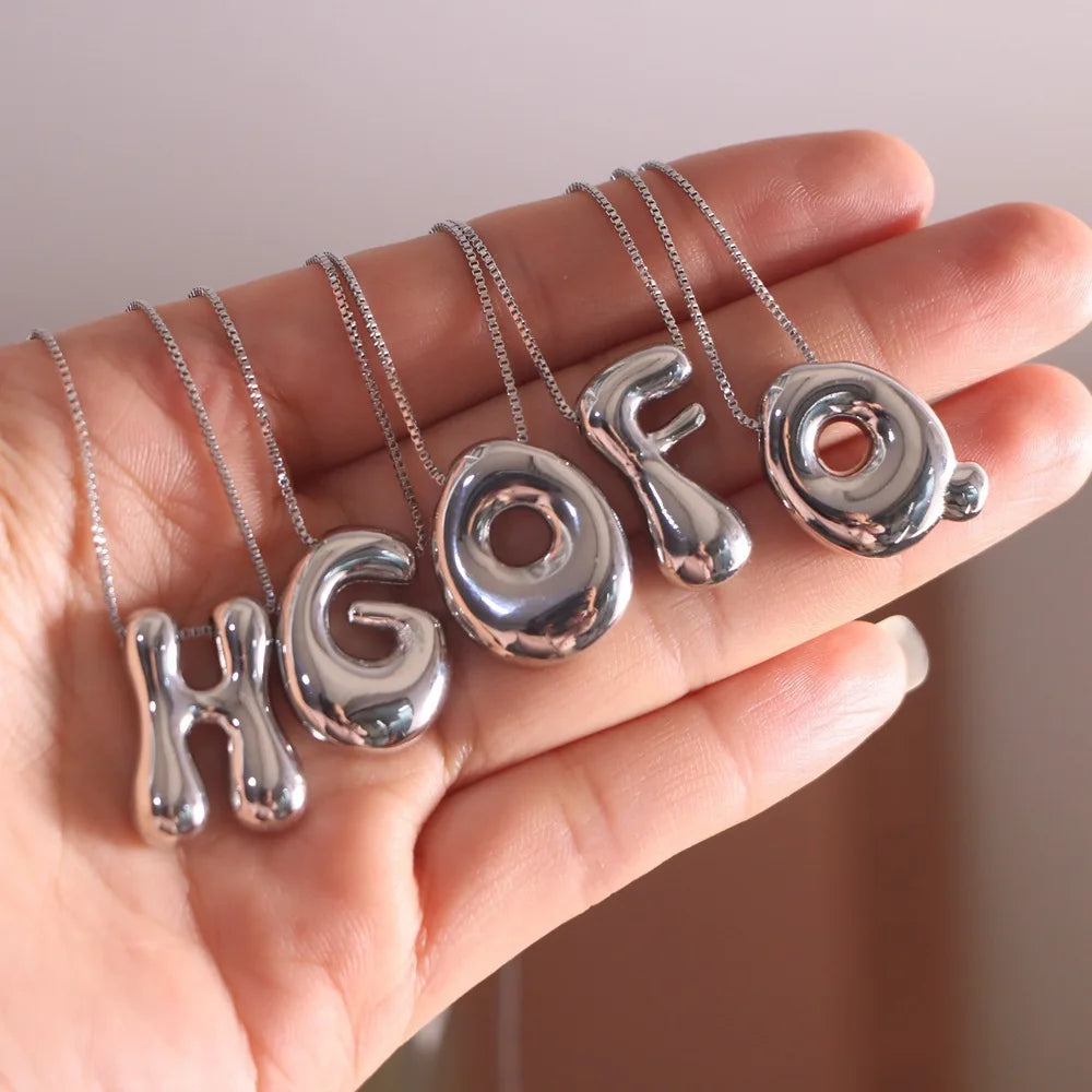Creative A-Z Balloon Bubble Letter pendant Necklace for Women Silver Plated Chunky Initial Necklaces Jewelry Birthday Gift