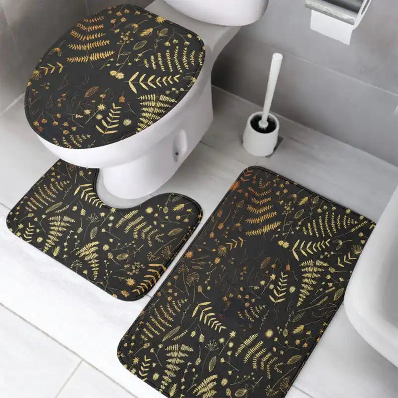 3PCS Pink Bow Cherry Bath Mat Set, U-Shape Toilet Lid Cover & Rug, Non-Slip Cute Bathroom Decor with Floral Fruit Theme