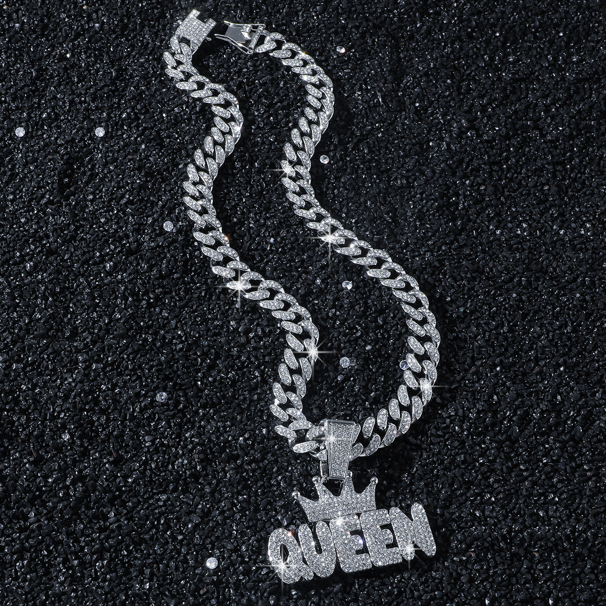Men's Full Rhinestone Hip Hop Crown QUEEN Pendant Necklace