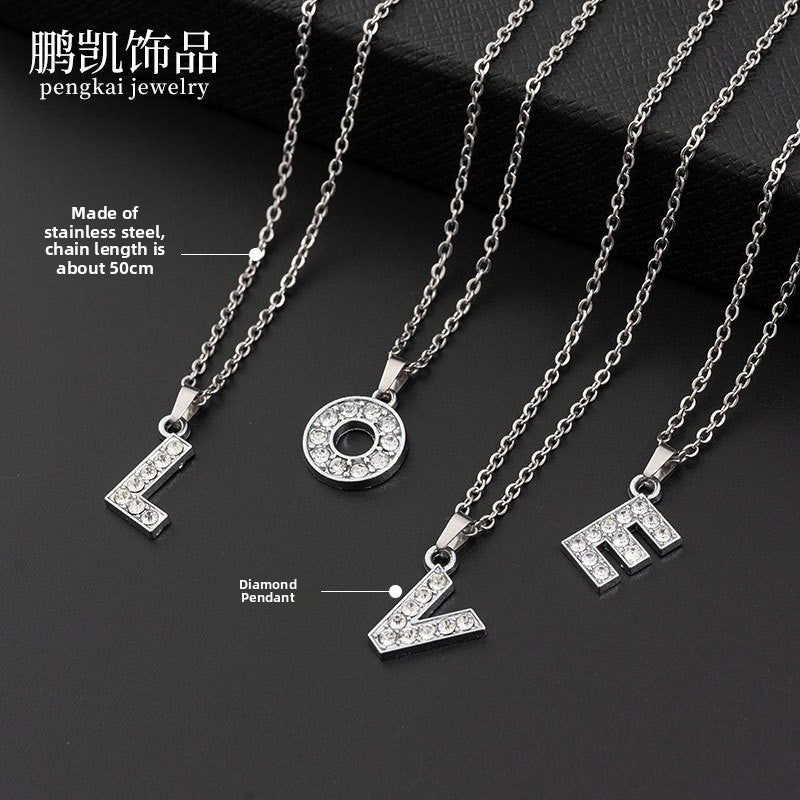Stainless Steel Letter Necklace with Diamond Pendant