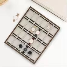 24 Slots Walnut Grain Watch Tray, Semi Open Watch Organizer with Removable Cushions, Jewelry Display Storage Box for Watches Rings