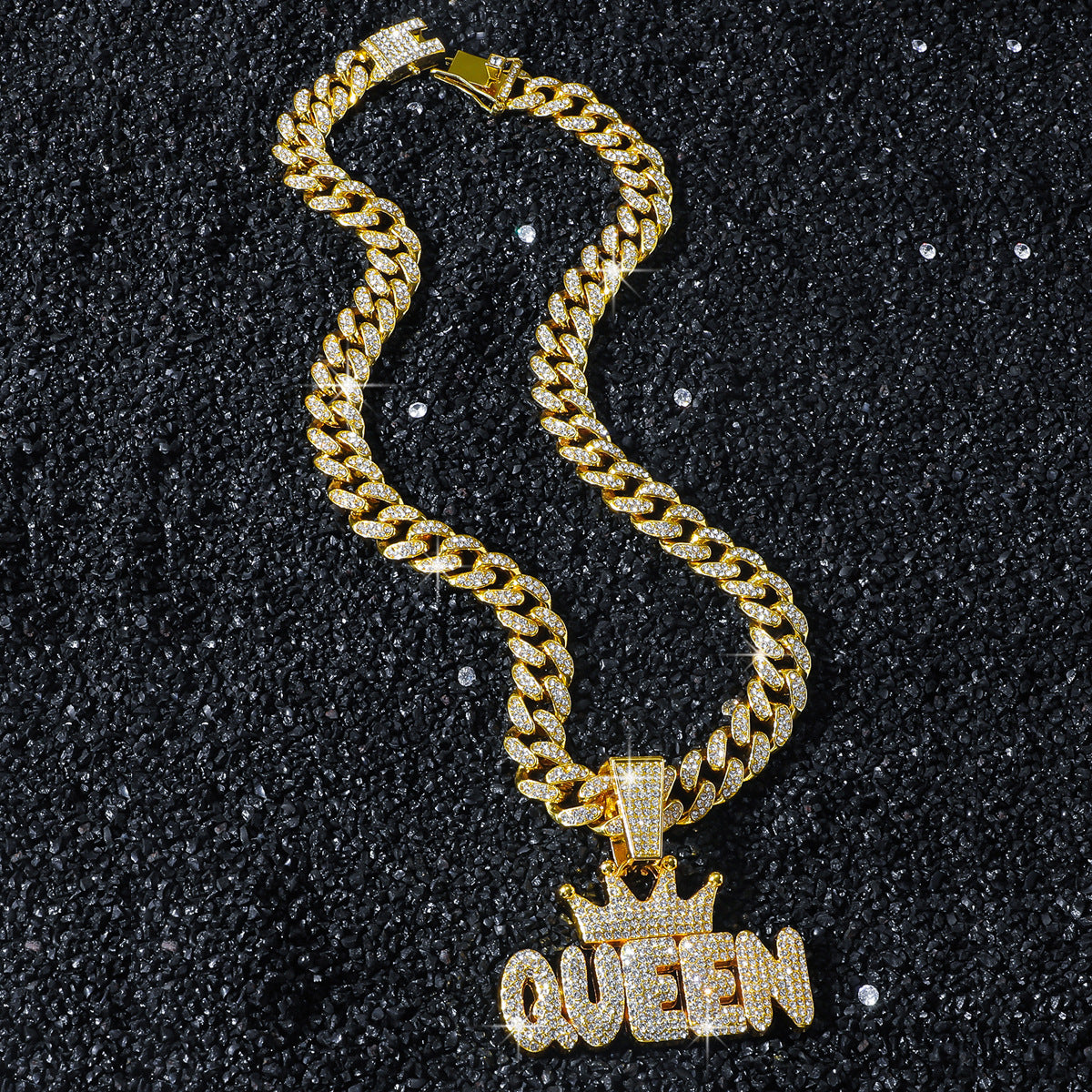 Men's Full Rhinestone Hip Hop Crown QUEEN Pendant Necklace