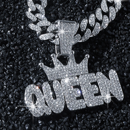 Men's Full Rhinestone Hip Hop Crown QUEEN Pendant Necklace