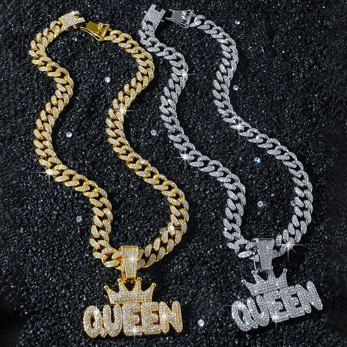 Men's Full Rhinestone Hip Hop Crown QUEEN Pendant Necklace