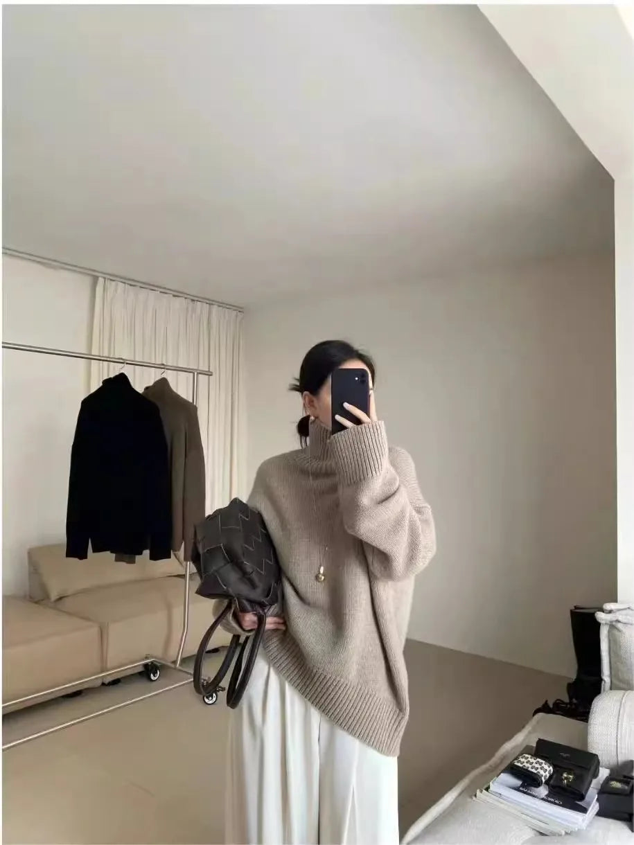 100% pure cashmere sweater for women high-neck sweater loose and thickened silhouette sweater