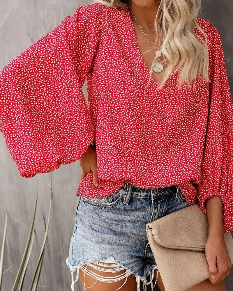 2026 New European and American Cross Boder Spring/Summer/Autumn V-neck Casual Shirt Printed Lantern Sleeve Top Women’s W