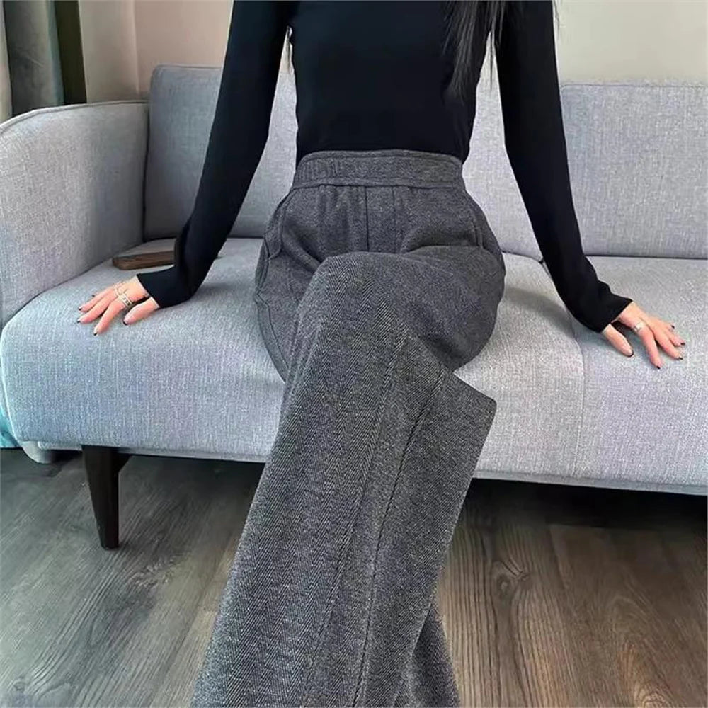 European apricot wide leg pants for women’s autumn new high-end fashion plus size straight leg split casual banana pants