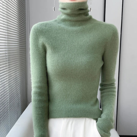 100% Merino Wool Long-sleeved Turtleneck Pullover Women’s Autumn Winter Slim Sweater Basic Women’s Clothes Cashmere Sweate