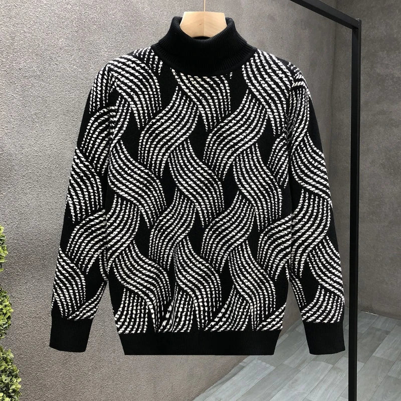 Autumn Winter T-Shirts Men Turtleneck Printing Plus Velvet Thicken Fashion Long Sleeve Loose Warm Pullovers Bottoming Shirt Tops