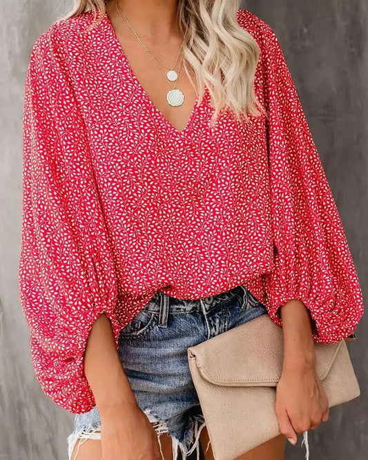 2026 New European and American Cross Boder Spring/Summer/Autumn V-neck Casual Shirt Printed Lantern Sleeve Top Women’s W