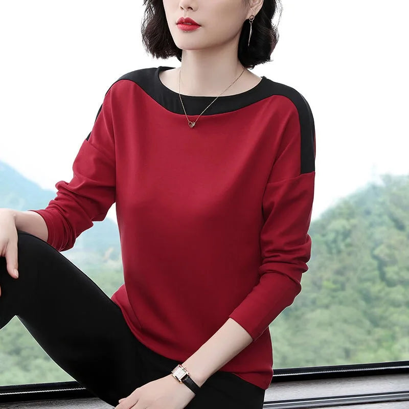 2026 Autumn New Fashion T Shirt Woman O Neck Long Sleeve Plus Size T-shirt Woman European Style Women Oversized Patchwork Shirts