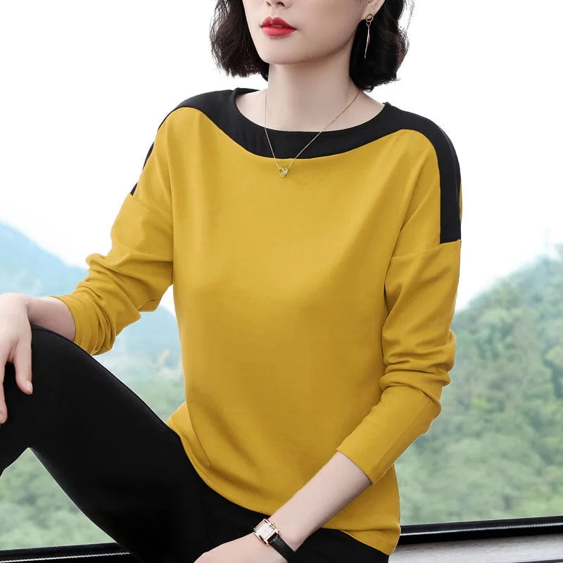 2026 Autumn New Fashion T Shirt Woman O Neck Long Sleeve Plus Size T-shirt Woman European Style Women Oversized Patchwork Shirts