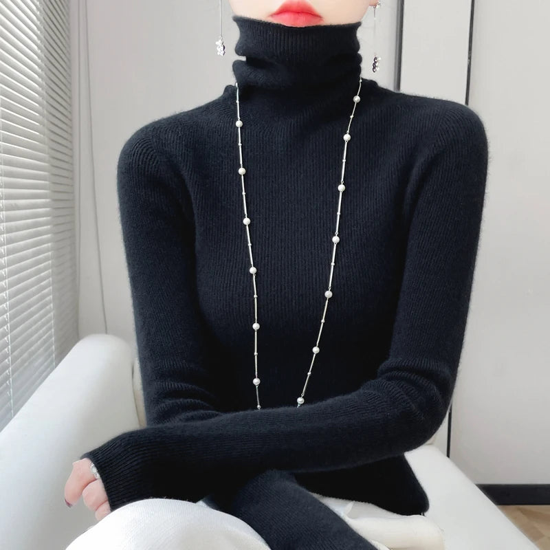 100% Merino Wool Long-sleeved Turtleneck Pullover Women’s Autumn Winter Slim Sweater Basic Women’s Clothes Cashmere Sweate