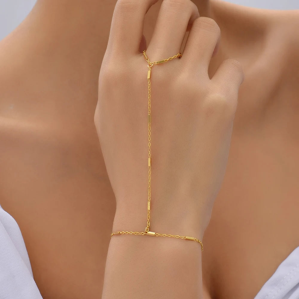 Creative Tiny Chain Bracelet Finger Rings For Women Gold Color Link Chains Connecting Hand Harness Bracelets Jewelry Gift